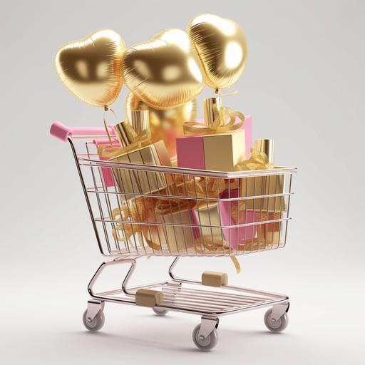 a golden not pink shopping cart，only three transparent cosmetics bottles，the screen is full of balloons and silk ribbon, but no transparent balloons, light background,medium shot,soft light