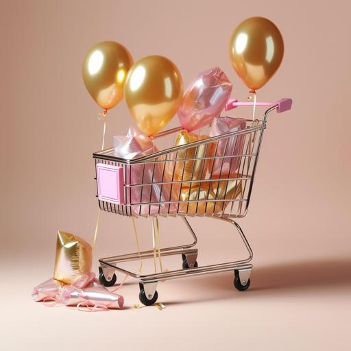 a golden not pink shopping cart，only three white transparent cosmetics bottles，the screen is full of balloons and silk ribbon, but no transparent balloons, light background,medium shot,soft light