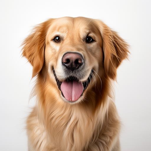 a golden retriever dog facing the camera against a pure white background, --ar 1:1