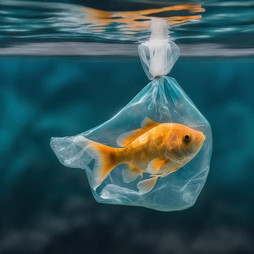 a goldfish in a clear plastic bag floating in the ocean --v 4