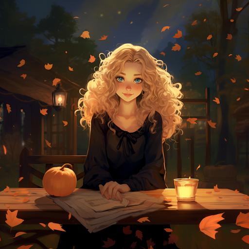 a good witch with curly/wavy blonde hair. She is dressed in a flowy, almost bohemian black dress. She sits at an ancient wooden table with autumn forest behind her. She has dark blue eyes with orange around the iris. She is cheerful and whimsical, peaceful and kind. She needs to be in a cartoon style either like Disney/Pixar or Miyazaki