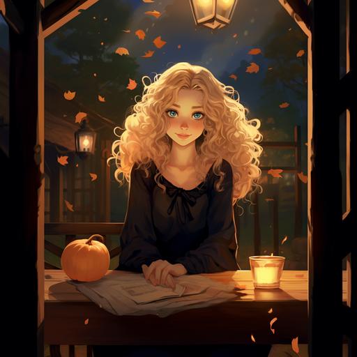 a good witch with curly/wavy blonde hair. She is dressed in a flowy, almost bohemian black dress. She sits at an ancient wooden table with autumn forest behind her. She has dark blue eyes with orange around the iris. She is cheerful and whimsical, peaceful and kind. She needs to be in a cartoon style either like Disney/Pixar or Miyazaki