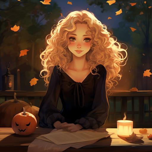 a good witch with curly/wavy blonde hair. She is dressed in a flowy, almost bohemian black dress. She sits at an ancient wooden table with autumn forest behind her. She has dark blue eyes with orange around the iris. She is cheerful and whimsical, peaceful and kind. She needs to be in a cartoon style either like Disney/Pixar or Miyazaki