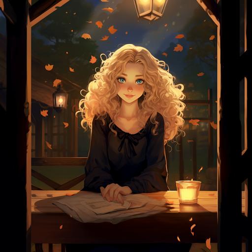 a good witch with curly/wavy blonde hair. She is dressed in a flowy, almost bohemian black dress. She sits at an ancient wooden table with autumn forest behind her. She has dark blue eyes with orange around the iris. She is cheerful and whimsical, peaceful and kind. She needs to be in a cartoon style either like Disney/Pixar or Miyazaki