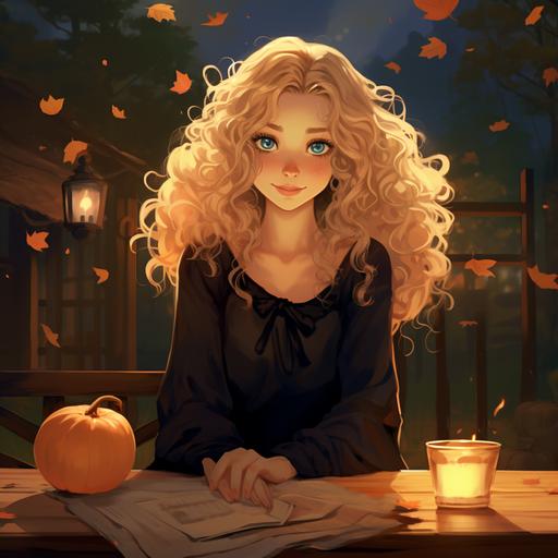 a good witch with curly/wavy blonde hair. She is dressed in a flowy, almost bohemian black dress. She sits at an ancient wooden table with autumn forest behind her. She has dark blue eyes with orange around the iris. She is cheerful and whimsical, peaceful and kind. She needs to be in a cartoon style either like Disney/Pixar or Miyazaki