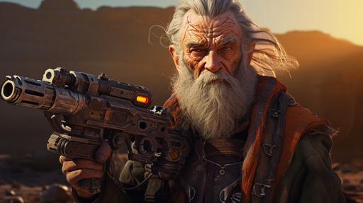 a goofy old man with a short scraggly gray beard and long braided gray hair, holding a plasma pulse rifle that has not yet been invented, dystopian, old west, cyber-punk, post-apocalyptic, photorealistic, --ar 16:9