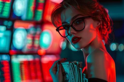 a gorgeous red hear woman with red lips and glasses holding a lot of money in front of the trading charts, black tight dress, --ar 3:2