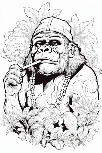 a gorilla funny and fat, smoking marijuana joint, coloring pages, crisp lines, mandala, white background, no shading, --ar 2:3