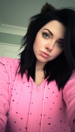a goth girl with black hair waking up in the morning with no makeup, hot pink pajamas, and fuzzy slippers --ar 4:7 --q 2 --s 50 --v 5.1 --style raw