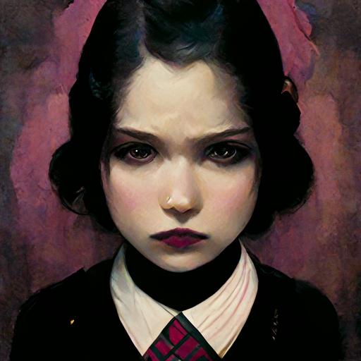 a gothic portrait of a schoolgirl in a black skirt, sweater, and tie, with heavy eye shadow and pink lips. She seems upset with the world but in a pouty way.