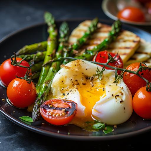a gourmet breakfast plate with tomatoes and asparagus, served with baked eggs and slices of grilled halloumi cheese