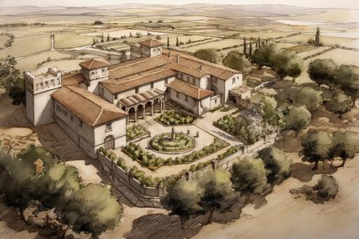 a grand Spanish courtyard mansion with an orchards and gardens, set in a desert with a village in the background, viewed from above, architectural line drawing --ar 3:2