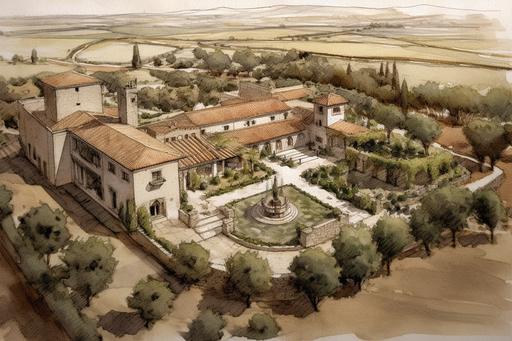 a grand Spanish courtyard mansion with an orchards and gardens, set in a desert with a village in the background, viewed from above, architectural line drawing --ar 3:2