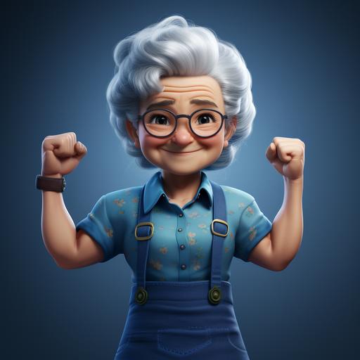 a grandma character, sportiv, arms very Muscled, friendly, wearing a blue dress, lifting weights, on a white background --s 1000