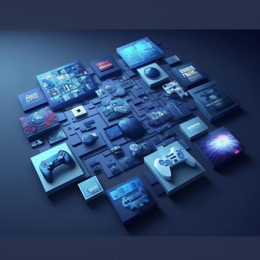, a graphic, high quality, unreal engine render, realistic lighting, ultra detailed, Ray trazed. navy blue background. blue blocks, view from above at angle. white glowing gaming icons in some of the blocks (wifi symbols, handcontroller, score icon etc..)