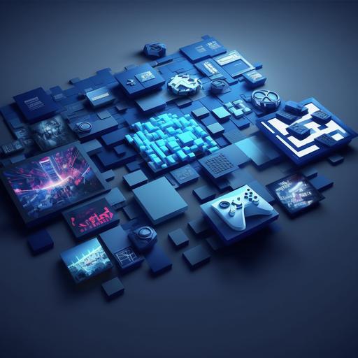 , a graphic, high quality, unreal engine render, realistic lighting, ultra detailed, Ray trazed. navy blue background. blue blocks, view from above at angle. white glowing gaming icons in some of the blocks (wifi symbols, handcontroller, score icon etc..)
