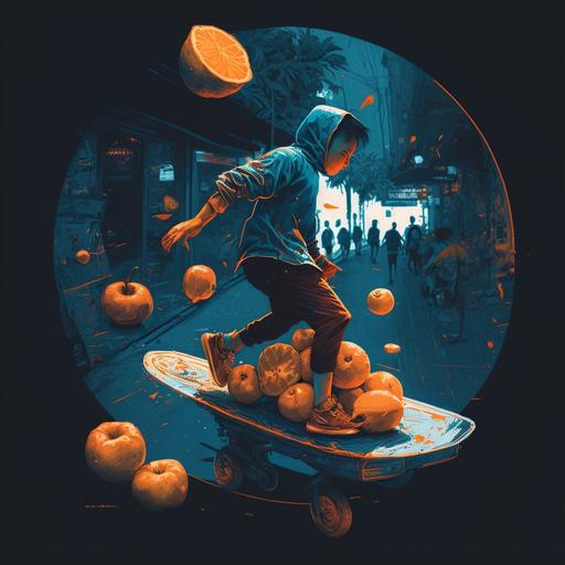 a graphic image of Vietnamese Basket fruit vendor,doing skateboard ollie, in the style of ross tran, dark azure and orange, brent cotton, intense color palette, laurie greasley, low resolution, urban