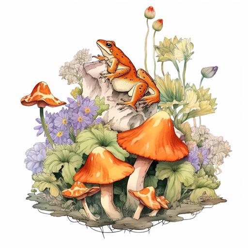 create a graphic of wildflowers, frogs, and mushrooms in the style of studio ghibli. Make the background pure white.--v 5