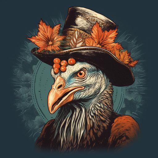 a graphic t-shirt design, a turkey wearing a pilgram hat --v 5.2