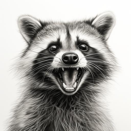 a graphite pencil black and white scketch illustration of a funny smiling raccoon