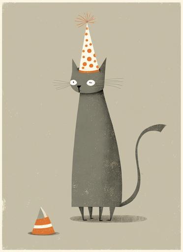 a gray cat in a party hat, in the style of tracie grimwood, orange, helene schjerfbeck, bold graphic illustrations, toyen, majestic figures, drawing --ar 5:7
