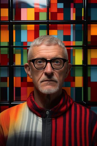 a gray man in glasses in front of a metal wall, in the style of tom fruin, close-up, liam gillick, ettore sottsass, photographic weavings, photo taken with provia, transparent/translucent medium --ar 85:128