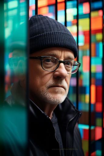 a gray man in glasses in front of a metal wall, in the style of tom fruin, close-up, liam gillick, ettore sottsass, photographic weavings, photo taken with provia, cgi, transparent/translucent medium --ar 85:128
