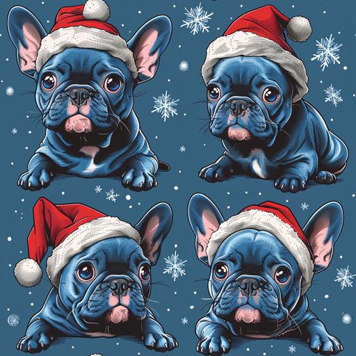 a grayblue french bulldog cartoon pattern. dogs playing with christmas hat on different positions --tile --s 750 --v 6.0