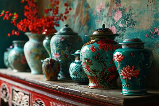 a green blue and red wallpaper for decorating your home, in the style of traditional chinese landscape, whimsical animation, intricate collage, mesmerizing colorscapes, porcelain, precisionist style, high resolution a line of stoneware urns, in the style of hyperrealistic trompe l'oeil, impasto nicki de sant phalle --ar 3:2 --v 6.0 --stylize 250