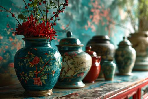 a green, blue and red wallpaper for decorating your home, in the style of traditional chinese landscape, whimsical animation, intricate collage, mesmerizing colorscapes, porcelain, precisionist style, high resolution a line of stoneware urns, in the style of hyperrealistic trompe l'oeil, impasto nicki de sant phalle --ar 3:2 --v 6.0 --stylize 250