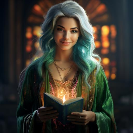 a green-haired beautiful elf with tall pointed ears. She wears rainbow decorative holy robes. She poses with a sweet smile and a book in her hands. Dramatic lighting.