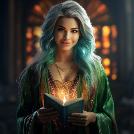a green-haired beautiful elf with tall pointed ears. She wears rainbow decorative holy robes. She poses with a sweet smile and a book in her hands. Dramatic lighting.