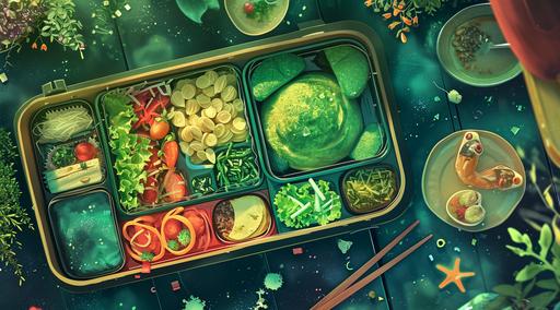 a green lunch bento box a saga food & stargazer movie, in the style of anime-inspired, puzzle-like elements, colorful gradients, rtx, action-packed cartoons, gigantic scale, aerial view --ar 128:71 --s 50 --v 6.0