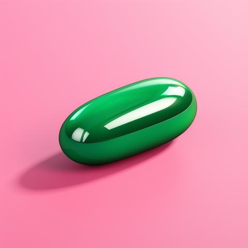 a green pill on a bright pink background, realistic render