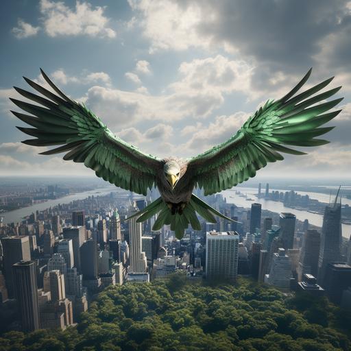 a green river hawk flying over new york, ultra 4k, photorealistic, green and gray color scheme