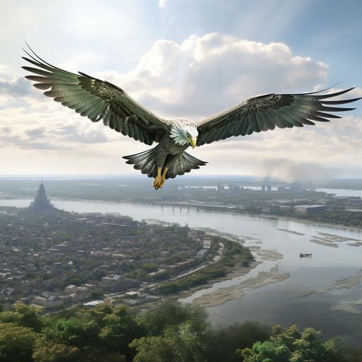 a green river hawk flying over staten island, ultra 4k, photorealistic, green and gray color scheme