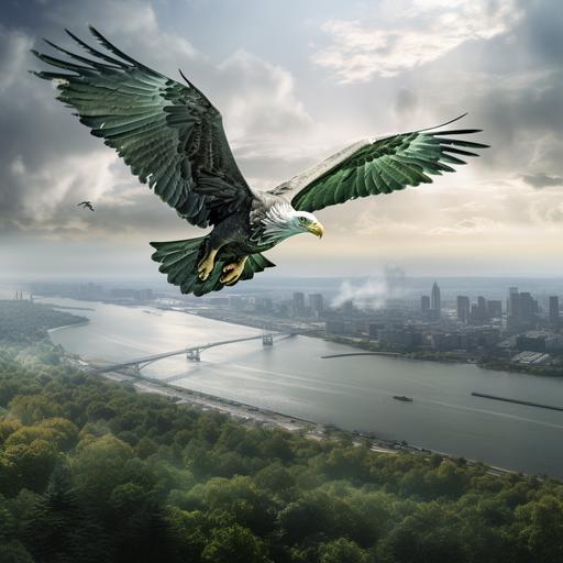 a green river hawk flying over staten island, ultra 4k, photorealistic, green and gray color scheme