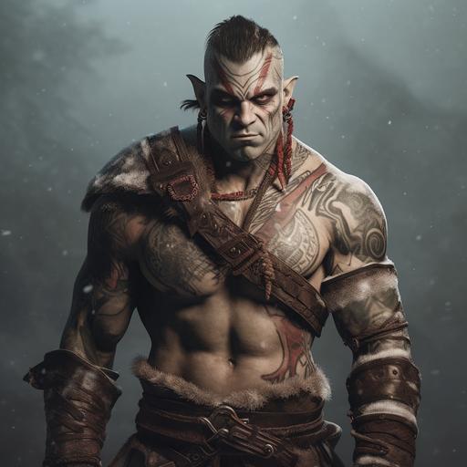 a greenskinned orc man, short black hair styled like a mullet, wearing leather armor, red tattoos, tattoos, hand axes on his hip, shield on his back, Viking style, snow background, hyperrealism, realistic, 4k, dynamic lighting, rim lighting, intricate details, sharp details, fantasy art, symmetrical eyes, full body image