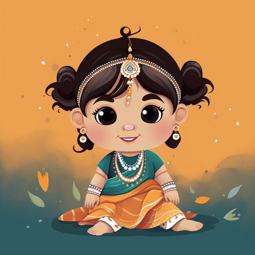 a greetings card with picture of a baby caucasian girl in Indian dress, cartoon or simplistic style, with space for writing