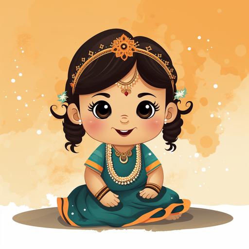 a greetings card with picture of a baby caucasian girl in Indian dress, cartoon or simplistic style, with space for writing