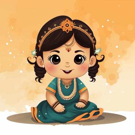 a greetings card with picture of a baby caucasian girl in Indian dress, cartoon or simplistic style, with space for writing