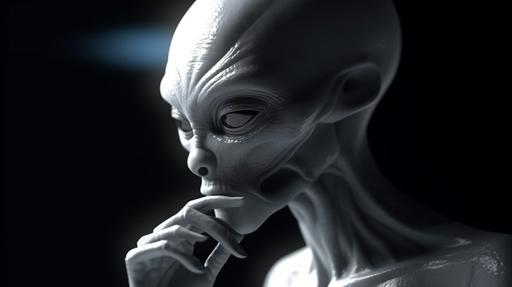 a grey alien picking nose space background, cartoon 3d panels, cinematic lighting, contrasting, 3d render, random dramatic effects, 4k, --ar 16:9 --v 5 --s 750