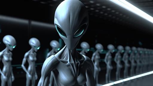 a grey alien recruiting abductees space background, cartoon 3d panels, cinematic lighting, contrasting, 3d render, random dramatic effects, 4k, --ar 16:9 --v 5 --s 750