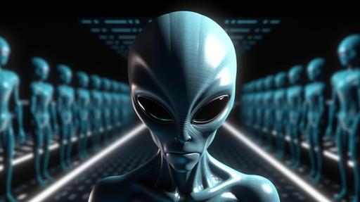 a grey alien recruiting abductees space background, cartoon 3d panels, cinematic lighting, contrasting, 3d render, random dramatic effects, 4k, --ar 16:9 --v 5 --s 750