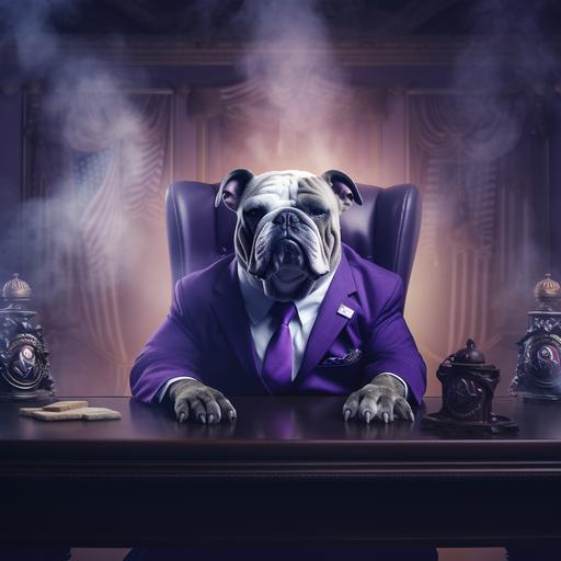 a grey bulldog sitting at the oval office desk, purple smoke everywhere, stage lights, ultra 4k, photorealistic