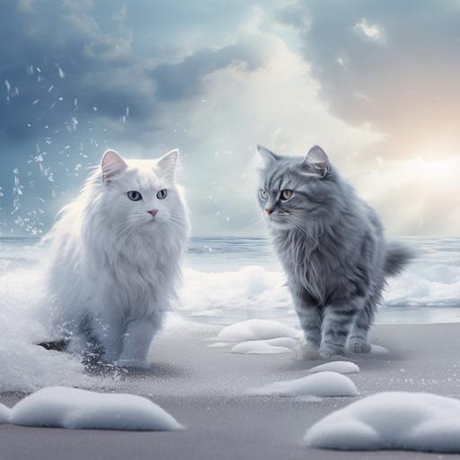 a grey cat and a white cat walking on a magical snowy beach