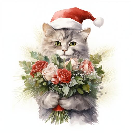 a grey cat wearing a christmas hat holding a bouquet of christmas flowers, watercolor, white background