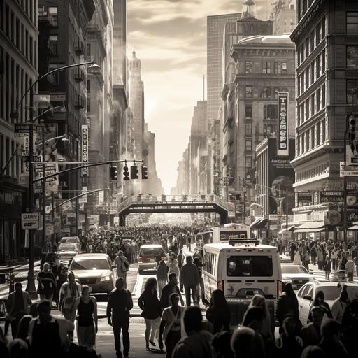 a greyscale claustrophic street of new york city with people walking on sidewalk, traffic jam, subway train station on top of the street, day time, hollywood thriller