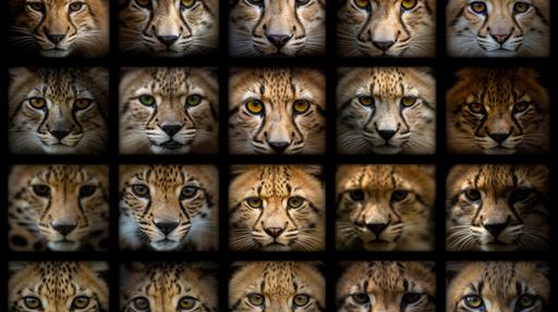 a grid of square photos of wild cats, realism, art, design, wall space, minimal --ar 16:9 --s 750 --v 5.0