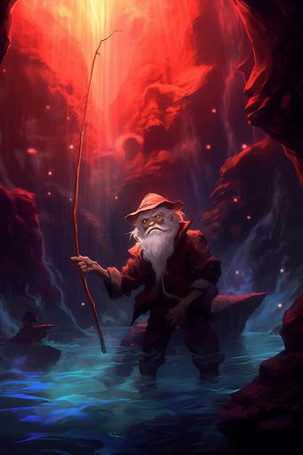 a grizzled old veteran fisherman boldly fishing for small river-demons in the underground hell river styx amongst burning red lava and black smoke. the demons jumps and flies like flyfish around him out of the lava stream. a concerned hades god of death is watching the scene from a distance. Detailed beatuiful anime with volumetric ambient lighting inspired by studio ghibli and Becky Cloonan --ar 2:3 --v 5.1